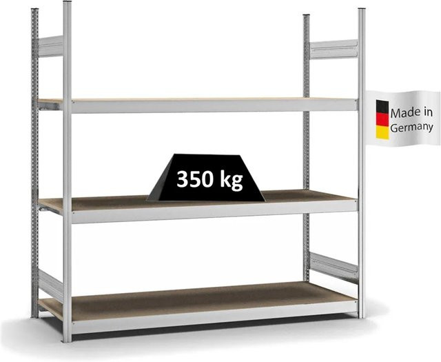 PROREGAL Weitspannregal Stecksystem T-Profil in Silber, verzinkt, mit 3 Ebenen Spanplatten Fachböden, H x B x T: 200 x 200 x 60 cm - Bild 1