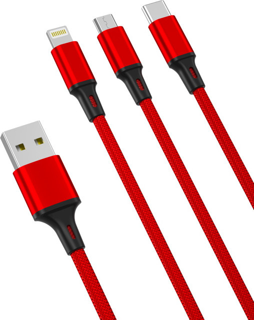 XO Design 3in1 Ladekabel NB173 mit USB-A, Lightning, Micro-USB und USB-C, 18W, 1,2m, Rot - Bild 1