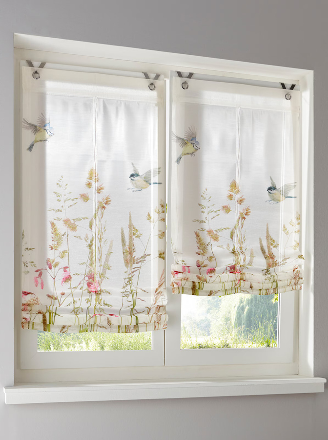 Raffrollo Heine Home in Weiß und Multicolour mit floralem Blumen und Vögel Muster, semi-transparent, 100% Polyester - Bild 1