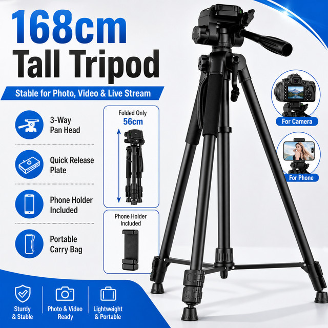Tragbares Aluminium-Kamerastativ mit Handyhalterung in Schwarz, Höhe: 168 cm, ideal für DSLR, Smartphone, Live-Streaming und Fotografie - Bild 1