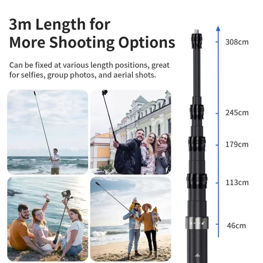 aMagisn Unsichtbarer Selfie-Stick aus Kohlefaser in Schwarz, frei ausziehbar von 1,2 m bis 3 m, kompatibel mit GoPro Max, Insta360 X3 X4 X5 und DJI Osmo 360 - Bild 2