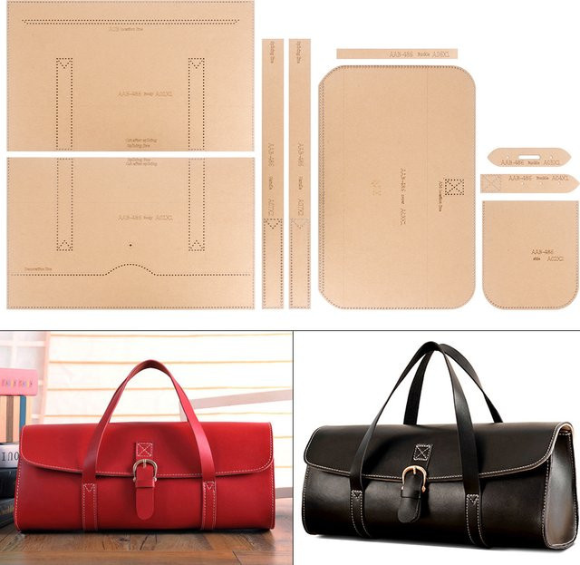 QJH DIY Näh-Kraftpapier-Schablone für handgefertigte Lederhandtaschen und zylindrische Taschen in Beige und Braun - Bild 1