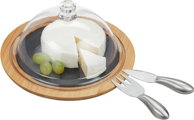 Relaxdays Käseglocke aus Bambus und Schiefer mit Besteck in Anthrazit, B: 25 cm, H: 13 cm - Bild 1