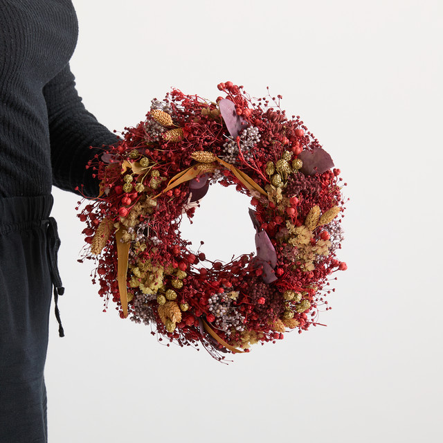 Trockenblumenkranz Blume2000 in Gold und Rot, runder Wandkranz für Weihnachten, Durchmesser: 25 cm - Bild 1
