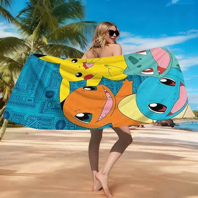 Potdemiel Sky Pokemon Strandtuch für Kinder aus Mikrofaser mit Pikachu- und Starter-Print, schnelltrocknend, Multicolour - Bild 1