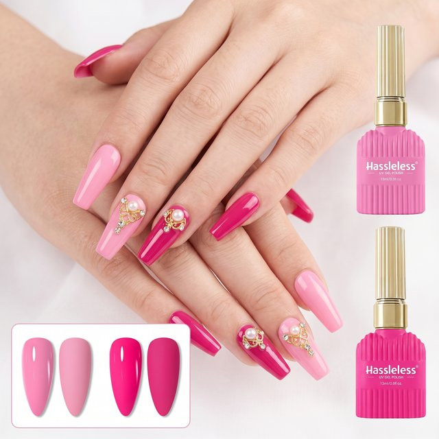 Hassleless Gel-Nagellack-Set, Pink und Rosenrot, 15 ml, Glänzend - Bild 1