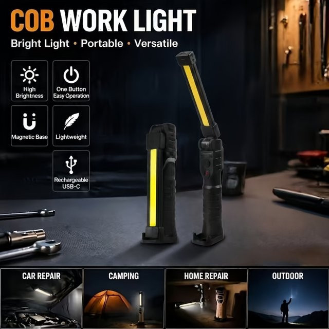 Heinast USB-wiederaufladbare LED-Arbeitsleuchte, 800 Lumen COB-Laterne in Schwarz mit eingebautem Akku - Bild 1