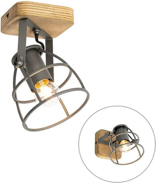 QAZQA IndustrieSpot Arthur Deckenleuchte aus Metall und Holz in Dunkelgrau und Braun, dimmbar mit E27 Fassung - Bild 1