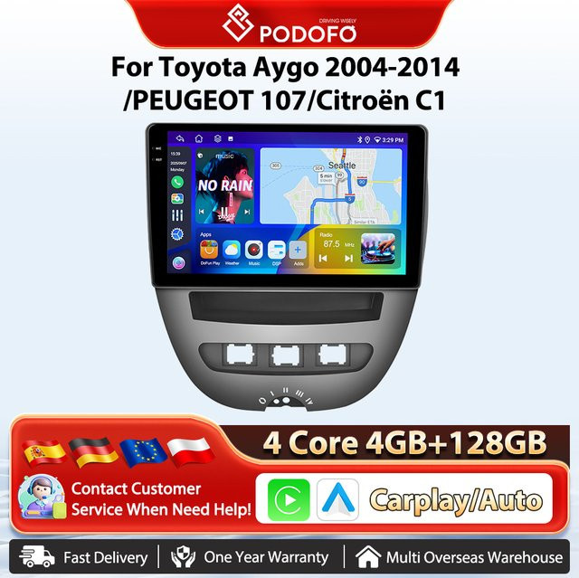 Podofo 10 Zoll Android Autoradio mit kabellosem CarPlay, GPS, Bluetooth und DSP für Toyota Aygo 2004-2014, Peugeot 107 und Citroen C1 in Schwarz - Bild 1