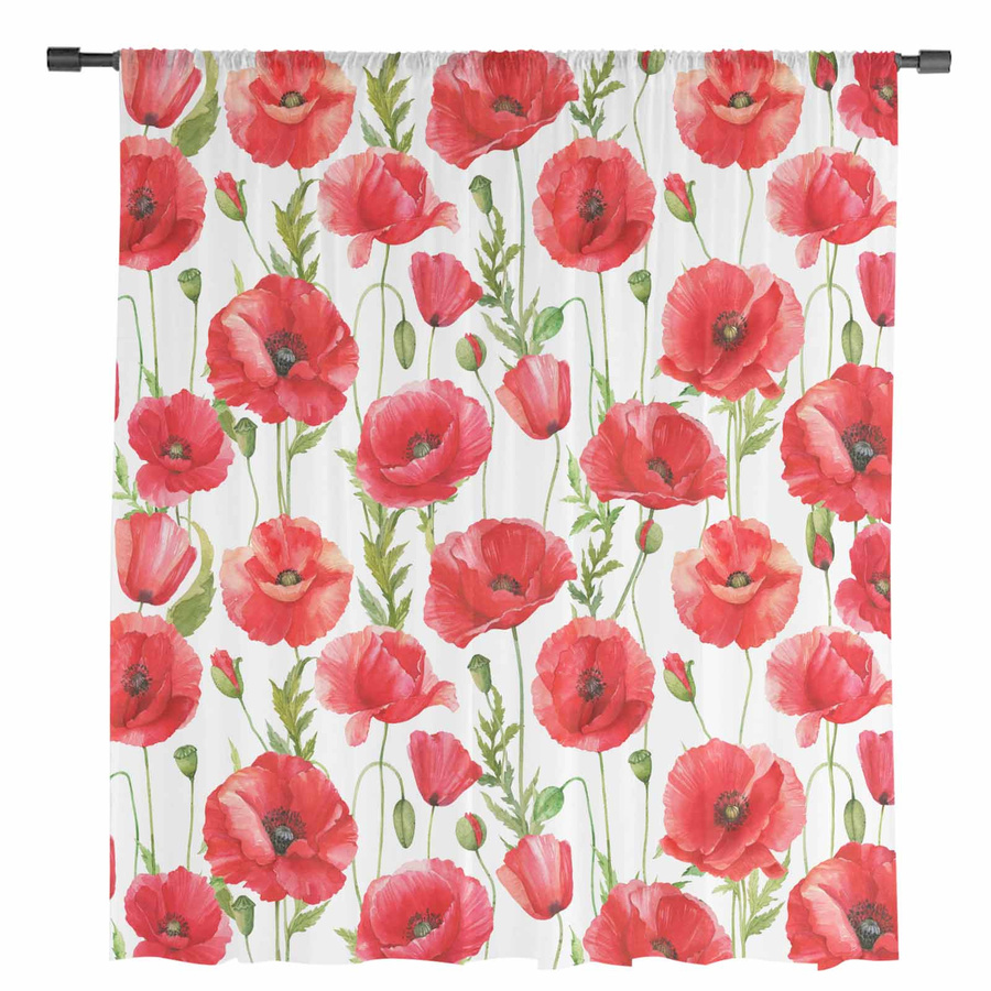Transparente Vorhänge mit Aquarell-Mohnblume in Rot aus Tüll, Voile und Organza, Breite: 135 cm, Höhe: 115 cm - Bild 3