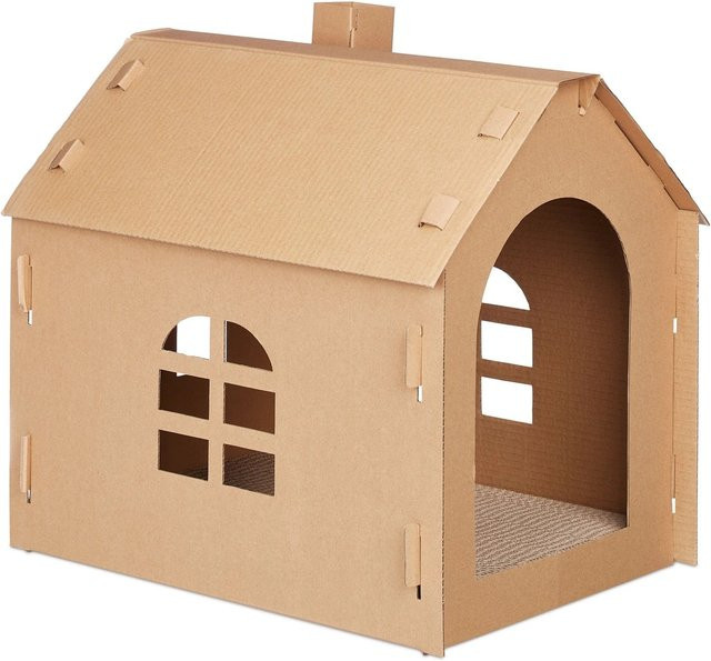 Relaxdays Katzenhaus aus Pappe in Braun mit Kratzbrett, B/T/H: 46 x 36,5 x 48 cm - Bild 1
