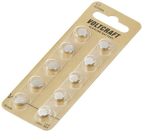 Voltcraft Knopfzelle LR41 1.5V Alkali-Mangan AG3 mit 35 mAh, 10 Stück, Gold - Bild 1