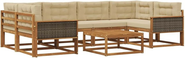 vidaXL Outdoor-Sofagarnitur L-Form aus Akazienholz mit 7 Kissen in Natur und Beige - Bild 1