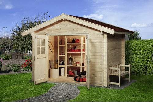 WEKA Gartenhaus Gr.1 aus europäischer Fichte in Beige mit Satteldach und Vordach, B/H/T: 300 x 251 x 250 cm - Bild 3