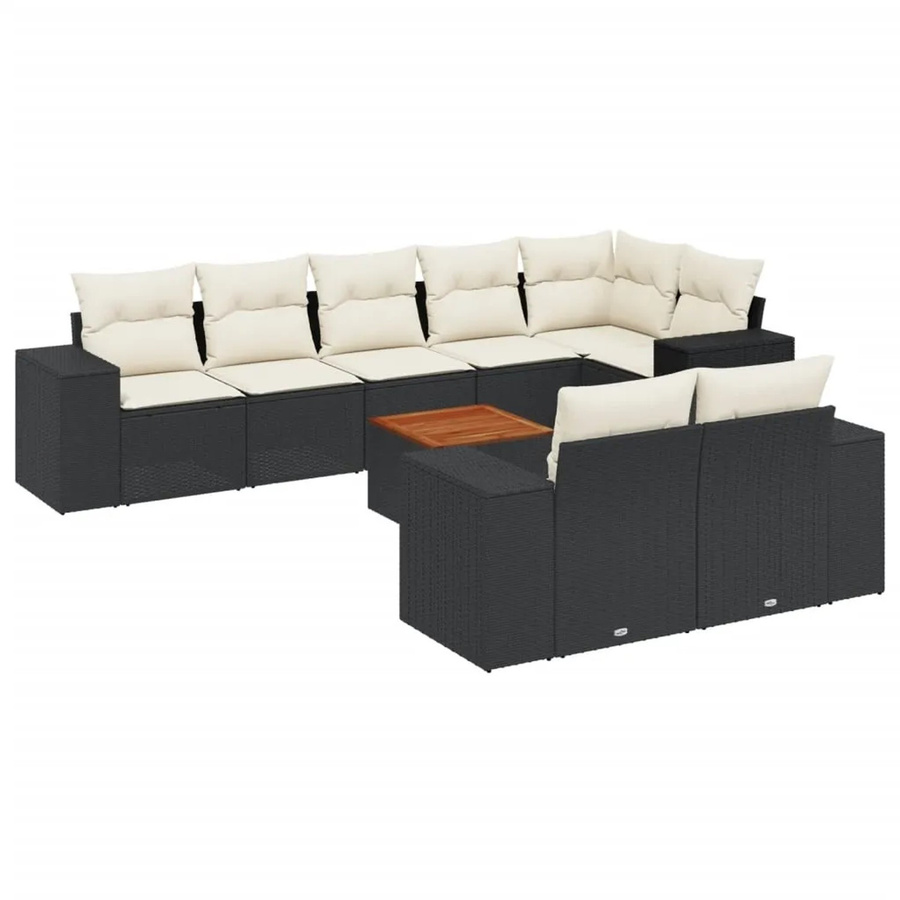 vidaXL 9-tlg. Garten-Sofagarnitur in L-Form aus Polyrattan und Akazienholz mit Kissen, Schwarz und Cremeweiß - Bild 2