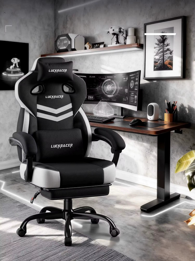 LUCKRACER Gaming Stuhl in Schwarz mit verbundenen Armlehnen, Memory-Schaum-Kissen, Fußstütze und verstellbarem Neigungswinkel von 90–155 Grad - Bild 5