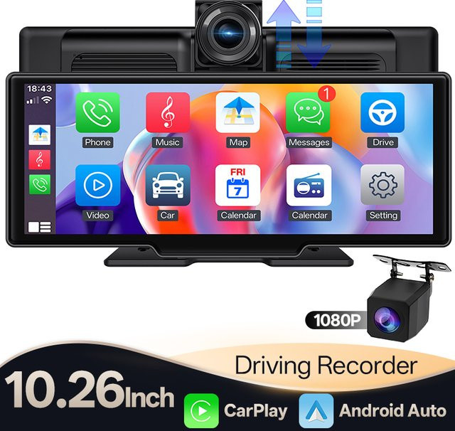 Hippcron Tragbares Autoradio mit 10,26 Zoll 4K Dash Cam, Drahtloses CarPlay und Android Auto, IPS Touchscreen, Bluetooth und Dual Lens, Schwarz - Bild 1