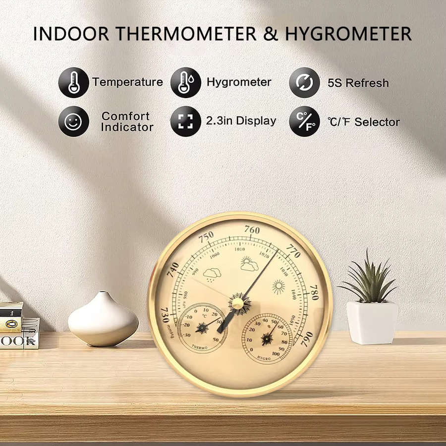 Gaqqee 3-in-1 Multifunktions-Wetterstation mit Thermometer, Hygrometer und Barometer in Gold, Durchmesser: 130 mm - Bild 2