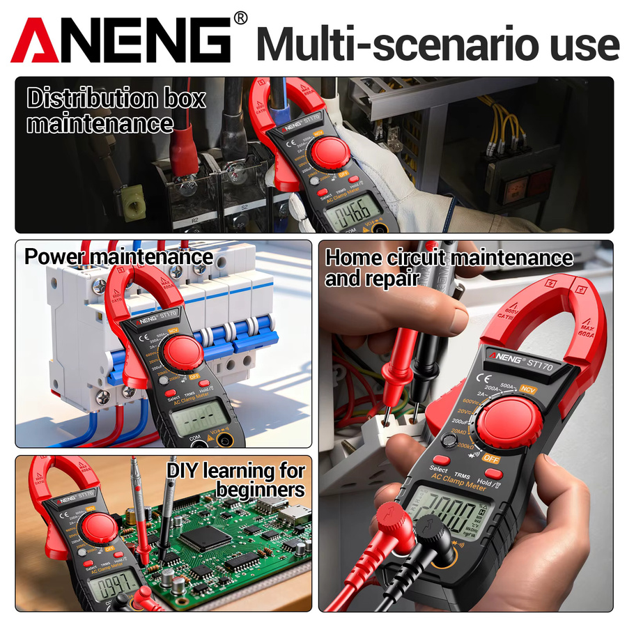 ANENG ST170 Multifunktionales Zangenmessgerät mit 500A AC-Strom, 600V AC/DC-Spannung und Taschenlampe in Schwarz und Rot - Bild 3