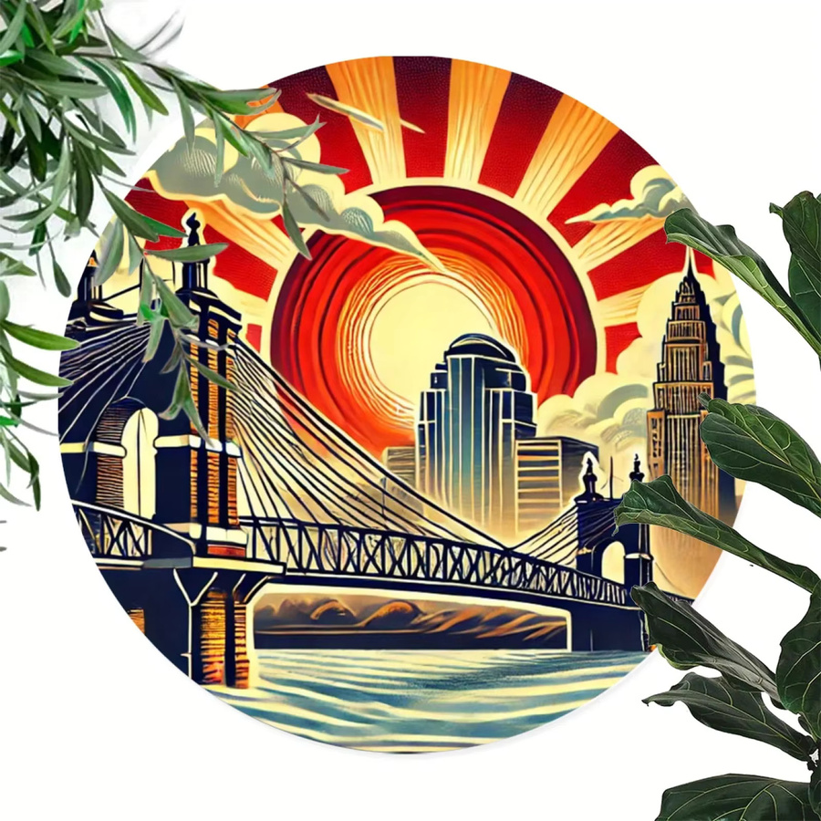 CIFBUY Cincinnati Reds Skyline Metallwandkunst Roebling Bridge Rundes Wanddekor Multicolour Durchmesser: 19,81 cm - Bild 3