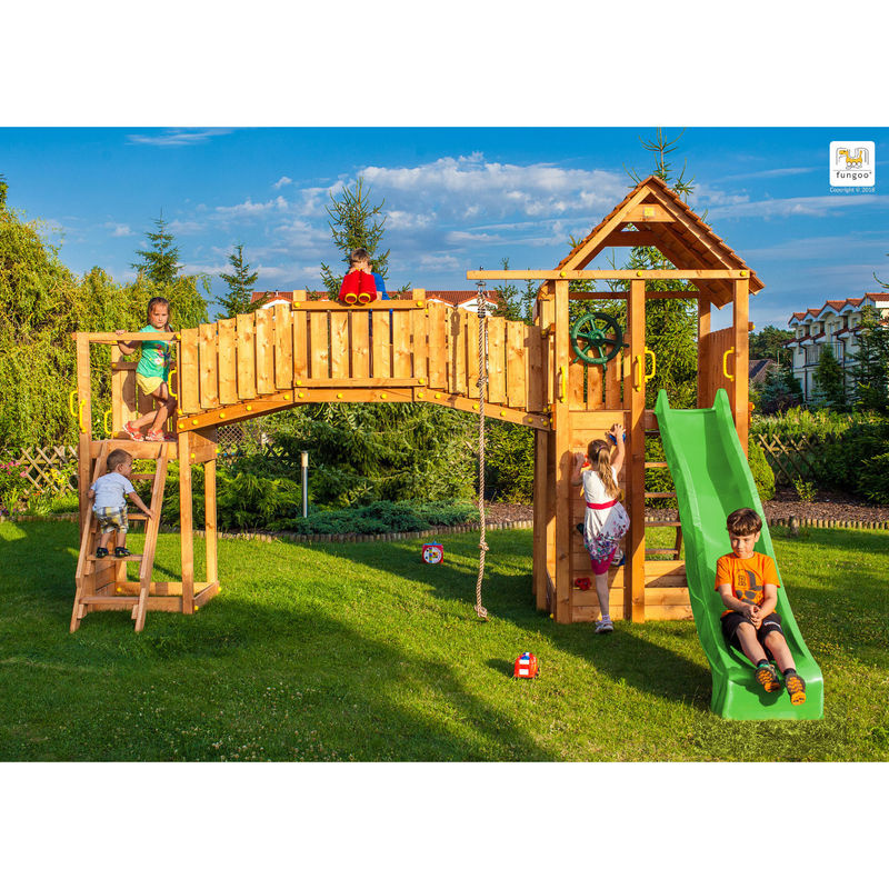 Fungoo Fortress TipTop Rainbow Spielturm, mit 2x Turm, Rutsche, Kletterwand, Griffe, Leiter, Holzdach, ab 3 Jahre - Bild 2