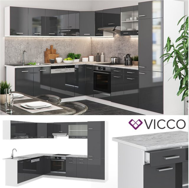Vicco R-Line Eckküche Einbauküche in Anthrazit Hochglanz und Weiß mit Marmor-Optik B/T/H: 227 x 287 x 207 cm - Bild 1