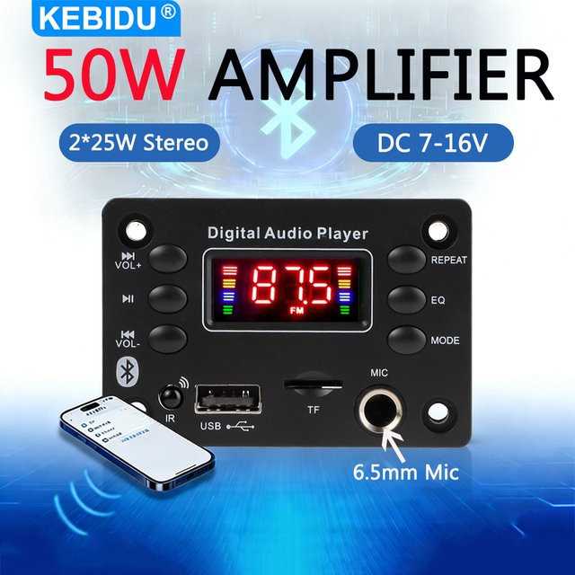 Kebidu 50W Bluetooth MP3 Decoder Board mit FM Radio, USB, TF und Mikrofon für Auto Lautsprecher, Schwarz - Bild 1