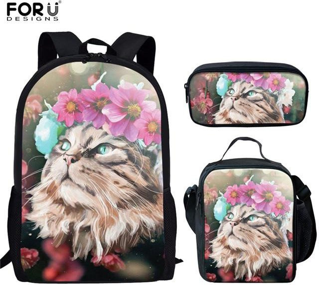 Fancy Style Studio 3er-Set Schulrucksack und Federmäppchen mit niedlichem Katzenmuster in Multicolour - Bild 1