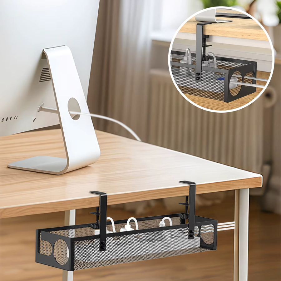 Kabelmanagement-Ablage aus Metall in Schwarz zur Untertischmontage mit Klemmhalterung und 2-Loch-Kabelkorb für Home-Office und Stehpulte - Bild 8