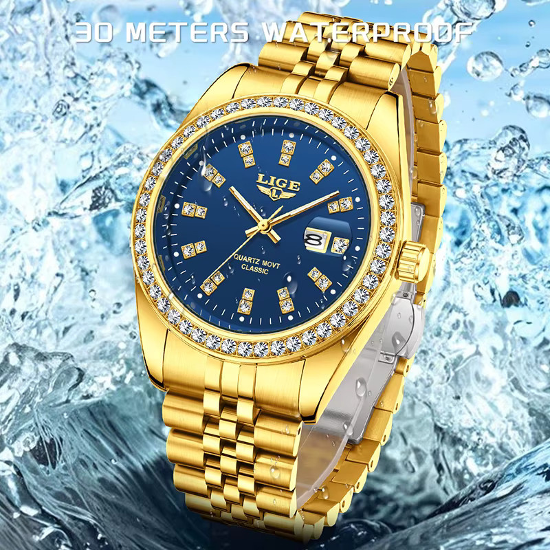 LIGE Armbanduhr Quarz, Edelstahl, Bicolor, Gold, Blau, Diamantbesetzt, Herren - Bild 3