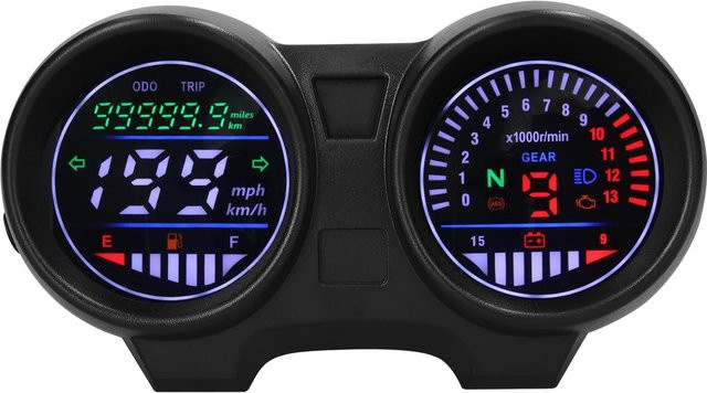 LED-Motorrad-Tachometer mit Kilometerzähler, Drehzahlmesser bis 13000 U/min, Geschwindigkeitsanzeige bis 199 km/h, Kraftstoffanzeige und Voltmeter, 12 V, Schwarz - Bild 1