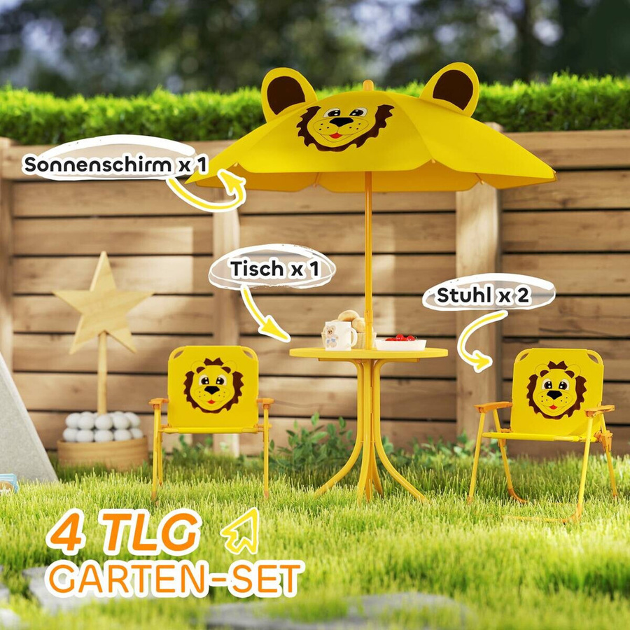 AIYAPLAY Garten-Kindersitzgruppe mit Sonnenschirm und Tisch in Gelb mit Löwen-Design für Kinder von 2 bis 5 Jahren - Bild 3