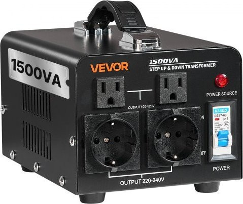 VEVOR Spannungswandler Transformator 1500VA Aufwärts und Abwärts Konverter von 110V auf 220V und 220V auf 110V mit US- und EU-Steckdosen in Schwarz - Bild 1