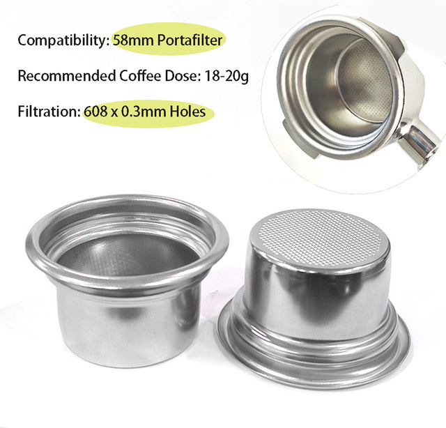 YUAN-ECT Kaffeekorb aus Edelstahl in Silber für 4 Tassen mit 58 mm Durchmesser und 18–20 g Fassungsvermögen für bodenlosen Siebträger - Bild 1