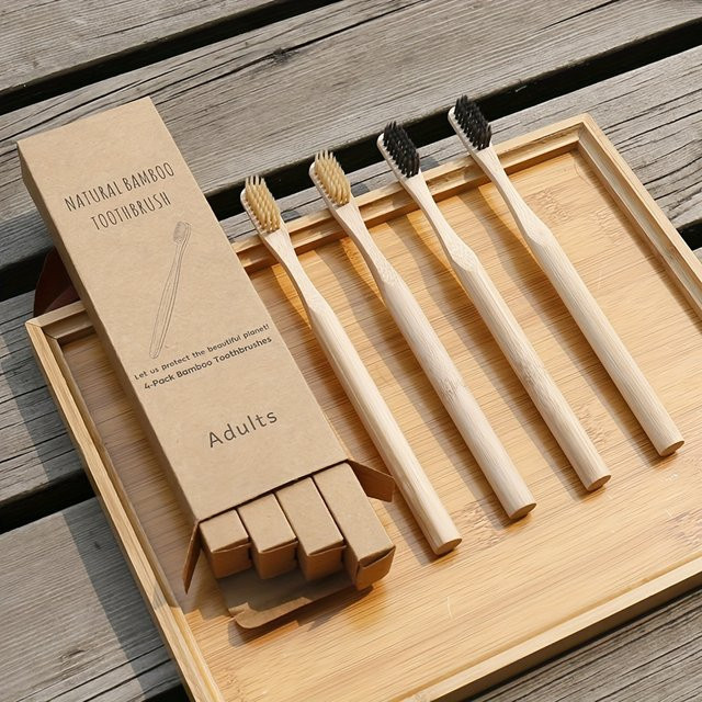 Bamboo World Zahnbürsten aus Bambus, 4 Stück, extra weiche Borsten - Bild 1