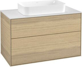 Villeroy & Boch Waschtischunterschrank Finion mit Wandbeleuchtung in Eichenfurnier und Glas, Farbe Weiß/Braun, B/H/T: 100 x 60,3 x 50,1 cm - Bild 1