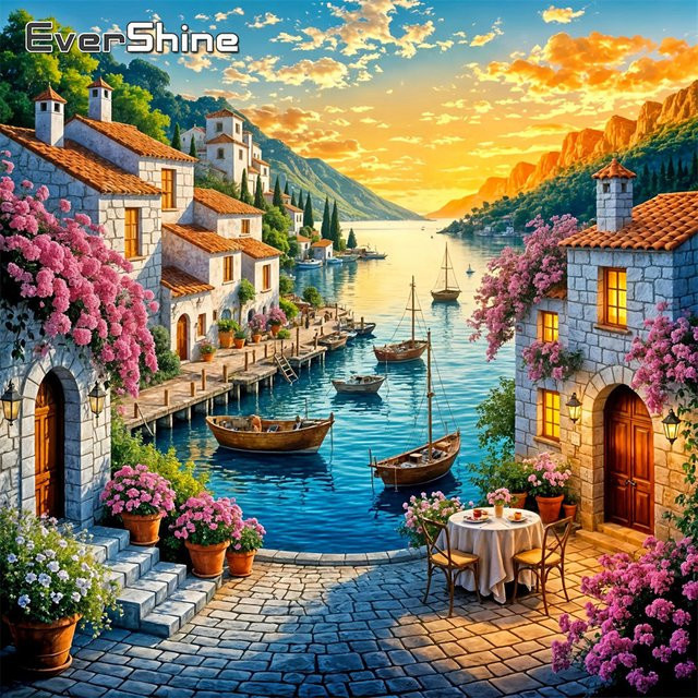 EverShine Diamant-Stickerei Meereslandschaft mit Boot und Bergen als quadratisches Strass-Mosaik Bild in Mehrfarbig, B/T/H: 20 x 20 x 20 cm - Bild 1