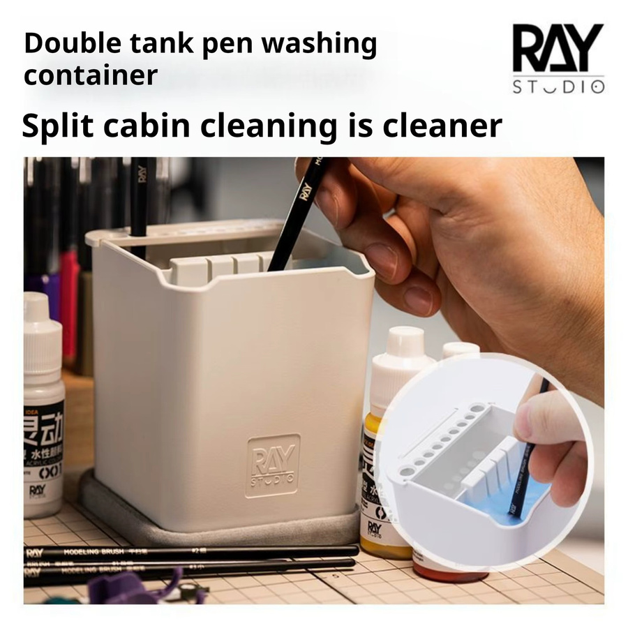 RAY Studio 2-in-1 Pinsel-Reinigungstopfhalter mit saugfähigem Pad in Weiß für Acrylpinsel, Gundam-Modelle und Kunstwerkzeuge - Bild 4