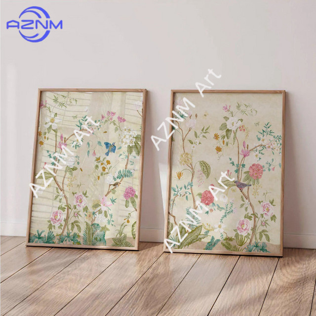 AZNM Chinoiserie-Wandteppich in Gelb mit Vogel- und Blumendruck als Vintage Seidentextil-Illustration im orientalischen Stil - Bild 1