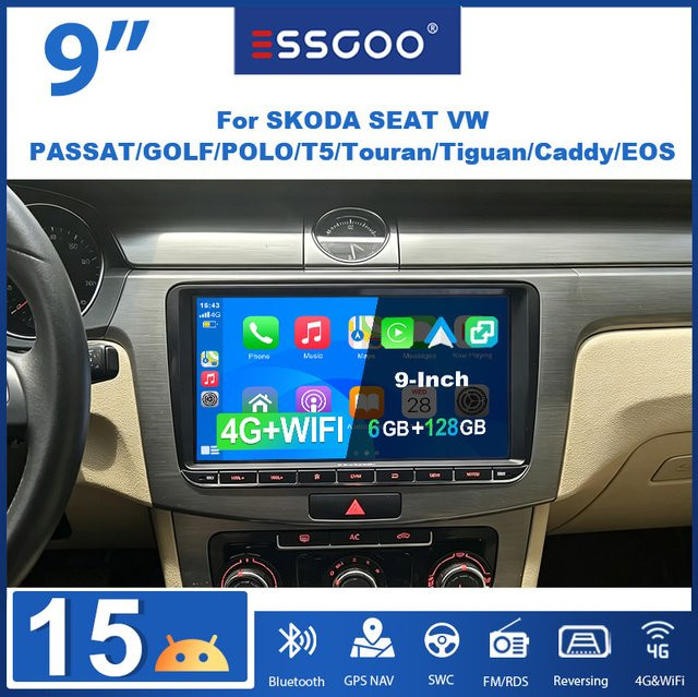 ESSGOO Android 15 Autoradio mit 9 Zoll Display, 6GB RAM, 128GB Speicher, 4G LTE, GPS, Carplay, Android Auto, Bluetooth und WiFi für VW Golf 5 6, Touran, Caddy, Polo, Jetta, EOS in Schwarz - Bild 1