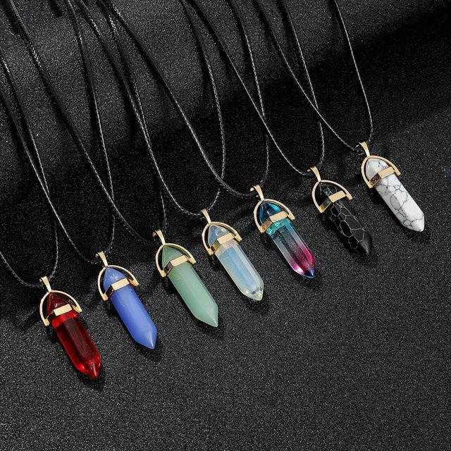 Lucky Star Jewelry Halskette, Sechseckige Säule Quarz, Türkis, Rosa Kristall, Lederkette, 60 cm, Unisex - Bild 1