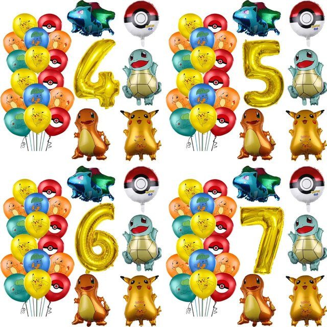 26-teiliges Pokemon Luftballon Set von Potdemiel in Gold und Multicolour mit Pikachu und Zahlenballons für die Kinder Geburtstagsparty Dekoration - Bild 1
