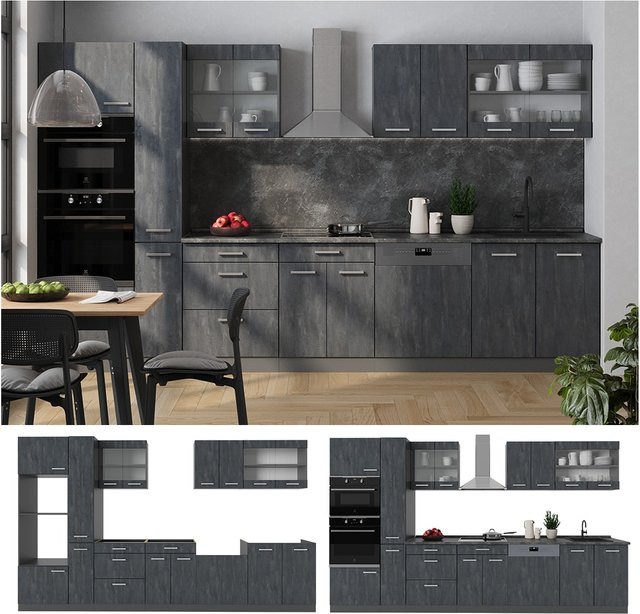 Vicco Küchenzeile R-Line in Schwarz Beton und Anthrazit mit Arbeitsplatte in Eiche, Breite: 350 cm, Höhe: 206,8 cm, Tiefe: 60 cm - Bild 1