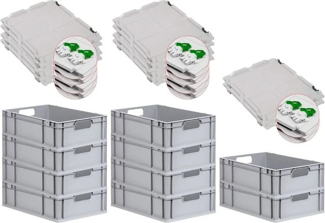 PROREGAL Spar Set 10x Eurobox Nextgen Economy mit Scharnierdeckel und grünen Schiebeschnappverschlüssen, H x B x T: 17 x 40 x 60 cm, 34 Liter, Grau/Grün - Bild 1