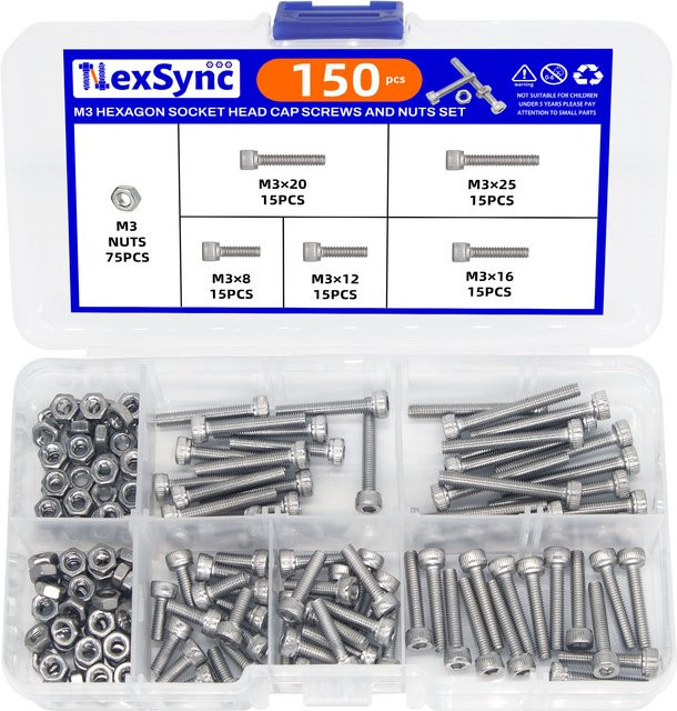NexSync M3 Innensechskantschrauben und Muttern Set aus Stahl in Silber, 150 Stück für DIY-Reparaturprojekte - Bild 1
