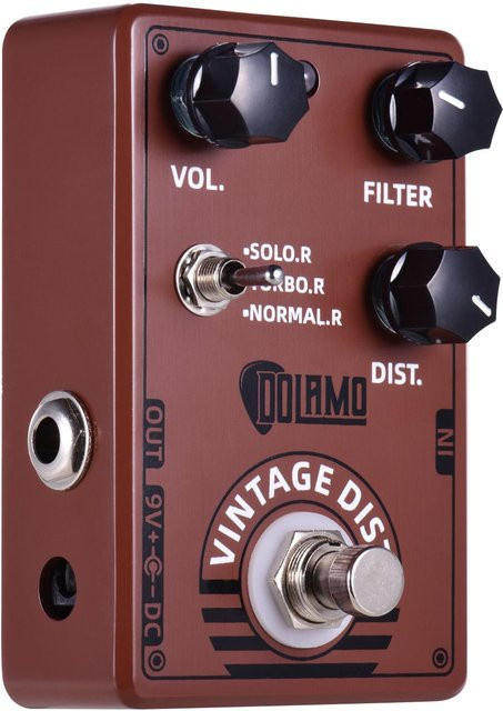 Dolamo D-11 Vintage Distortion Gitarreneffektpedal mit Lautstärkefilter und Verzerrungsreglern in Kaffeebraun - Bild 1
