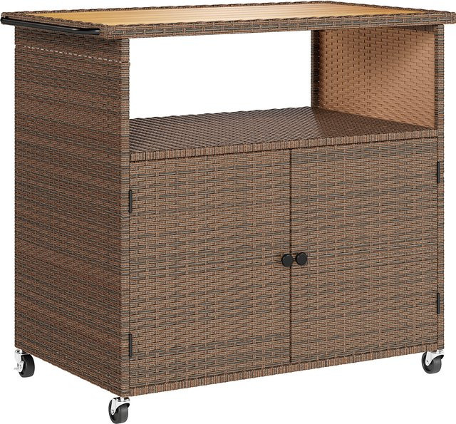 Outsunny Servierwagen aus Rattan und Eukalyptusholz in Braun, Barwagen und Küchenwagen mit Rollen für Garten, Pool und Veranda, B/T/H: 95 x 54 x 84 cm - Bild 1