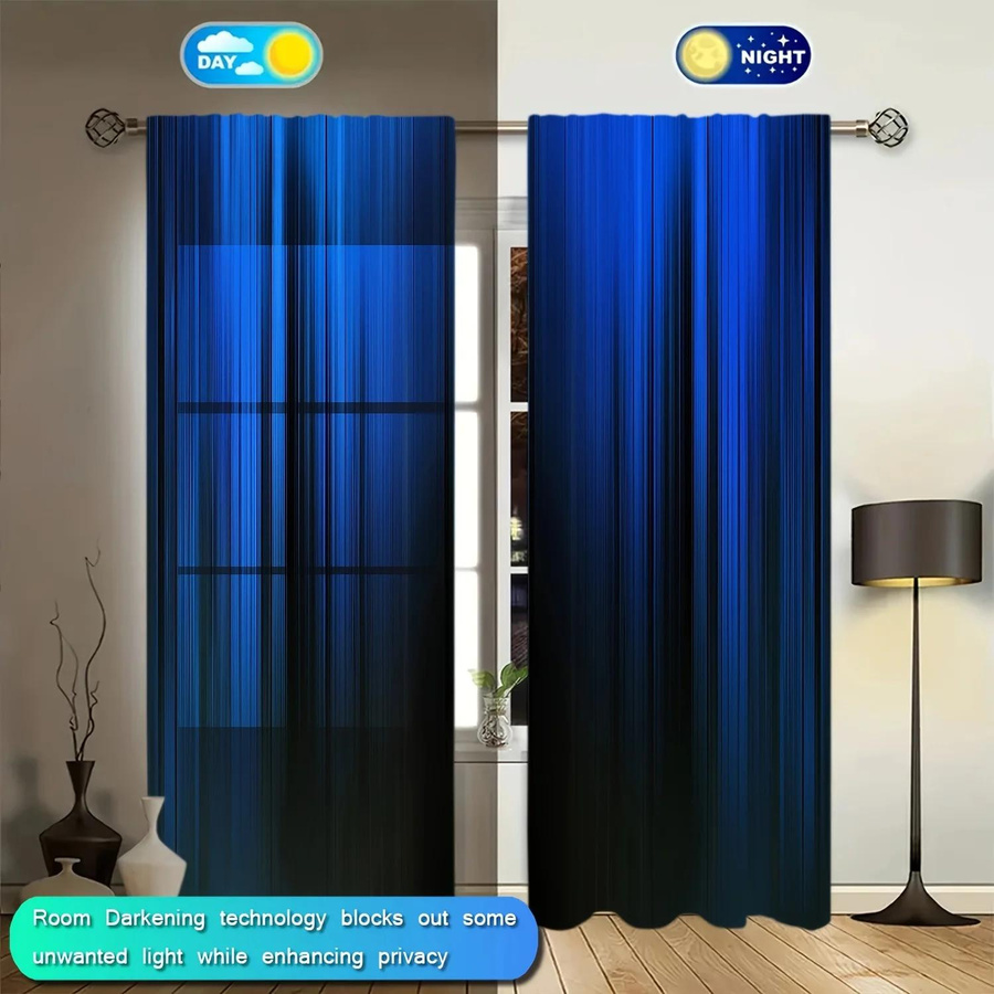 2er-Set Vorhang mit blau-schwarzem Farbverlauf und Streifen-Design von Household supplies MH, halbtransparent, B: 52,5 cm, H: 116 cm - Bild 2