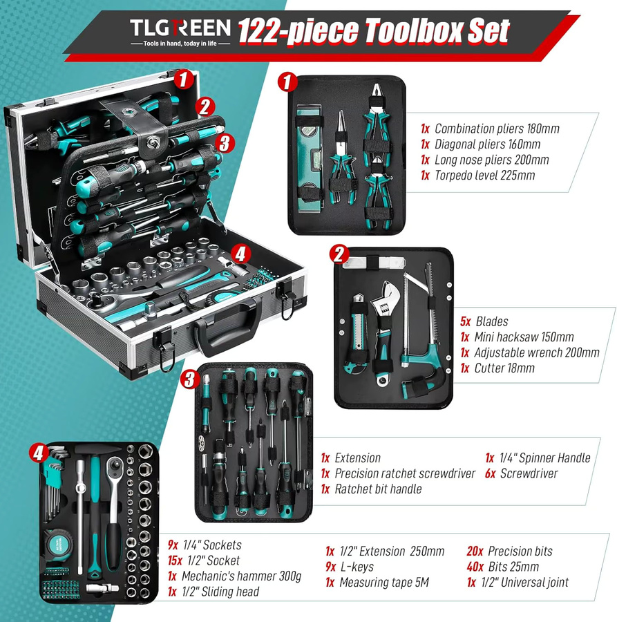 TLGREEN Aluminium-Werkzeugkasten in Silber mit 122-teiligem Profi-Werkzeugsatz für Autoreparatur und Werkstatt inklusive Schraubenschlüssel, Steckschlüsseln, Hammer und Zangen - Bild 2