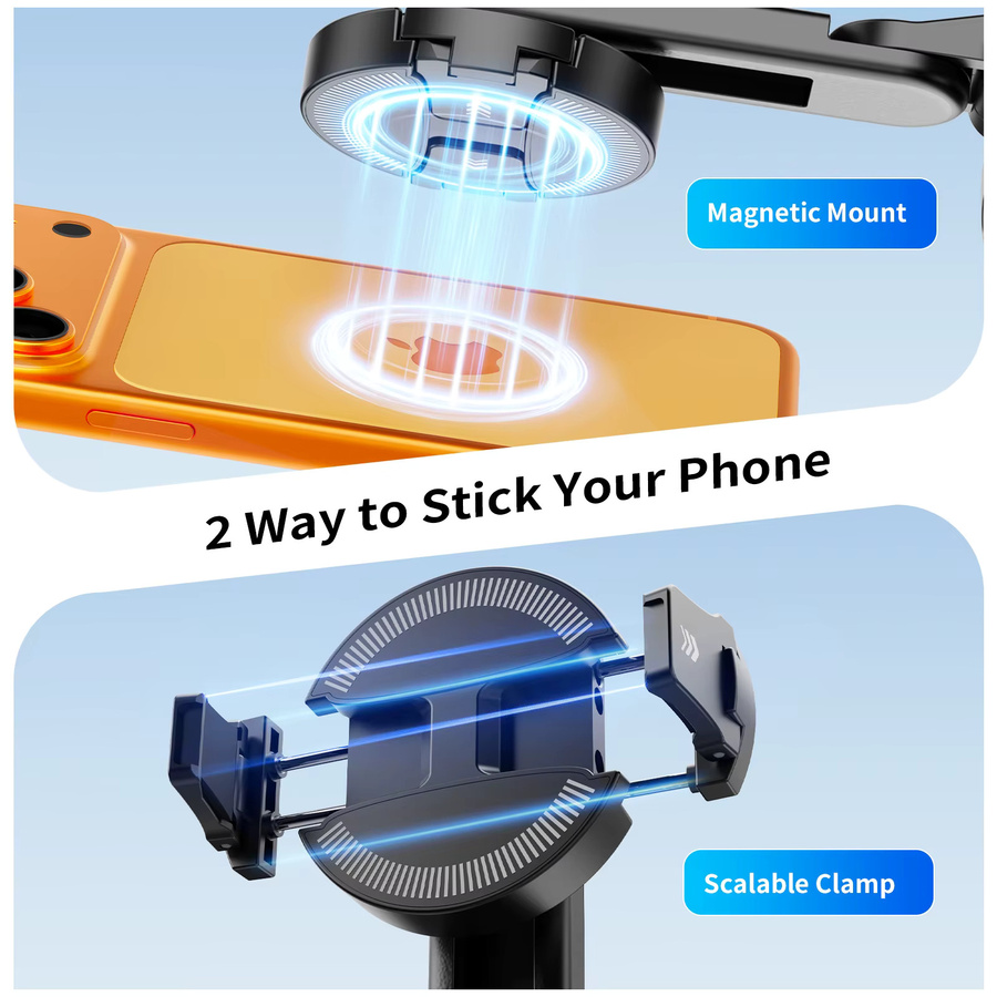 CrownQu Tragbarer magnetischer Selfie-Stick in Schwarz mit Bluetooth-Fernbedienung und multifunktionalem Telefonhalter für iPhone und Android - Bild 2